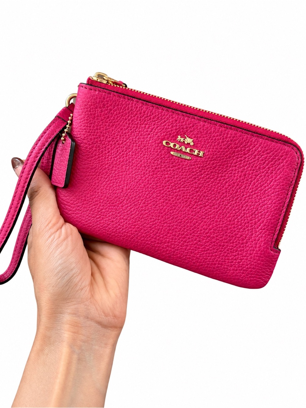 Coach Pebbled Leather Wristlet in Fuchsia Pink with Gold Hardware